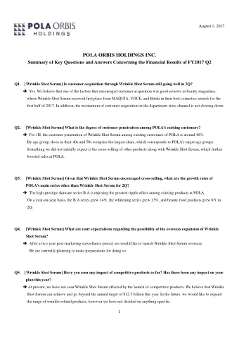 POLA ORBIS HOLDINGS INC.  Summary of Key Questions and Answers Concerning the Financial Results of