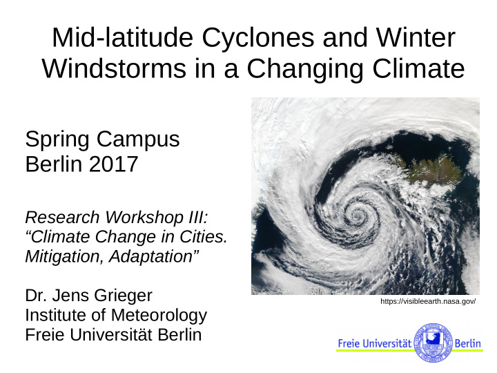 mid latitude cyclones and winter windstorms in a changing