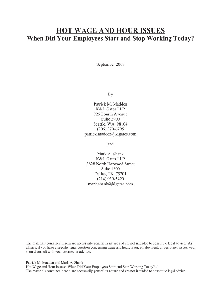 hot wage and hour issues