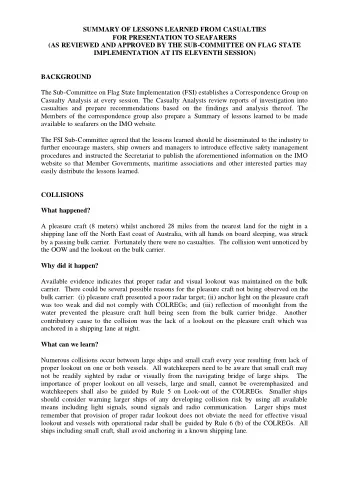 SUMMARY OF LESSONS LEARNED FROM CASUALTIES  FOR PRESENTATION TO SEAFARERS  (AS REVIEWED AND