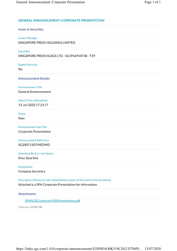 general announcement corporate presentation page 1 of 1