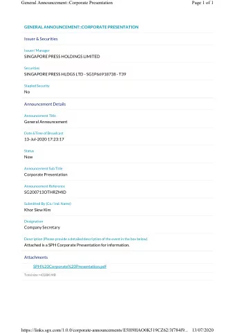 General Announcement::Corporate Presentation  Page 1 of 1  GENERAL ANNOUNCEMENT::CORPORATE