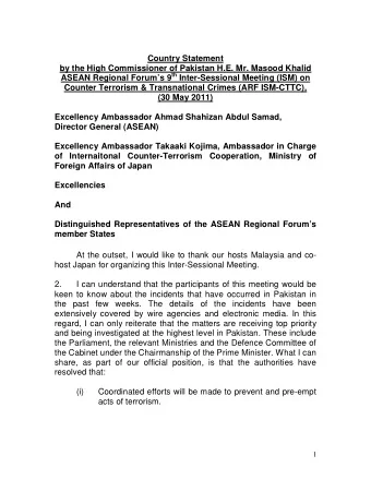 Country Statement  by the High Commissioner of Pakistan H.E. Mr. Masood Khalid ASEAN Regional