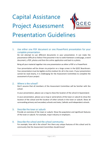 Capital Assistance  Project Assessment  Presentation Guidelines  1.  Use either one PDF document or
