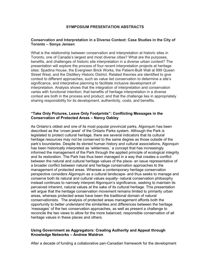 symposium presentation abstracts conservation and