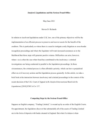 Stanford , Liquidations and the Serious Fraud Office  May/June 2011  Steven D. Richards  In