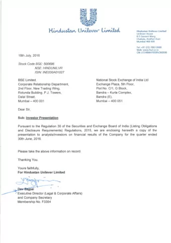 Hindustan Unilever Limited  JQ 2016 Results Presentation, 18th July 2016  1  Safe Harbor Statement