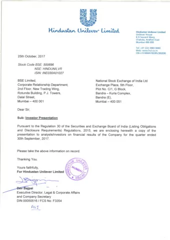 Hindustan Unilever Limited SQ 17 Results Presentation : 25 th Oct 2017  1  Safe Harbor Statement