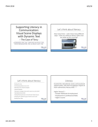 Supporting Literacy in  Lets think about literacy  Communication:  Visual Scene Displays  How