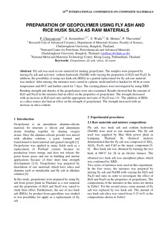 PREPARATION OF GEOPOLYMER USING FLY ASH AND  RICE HUSK SILICA AS RAW MATERIALS P. Chaiyapoom 1,2 ,