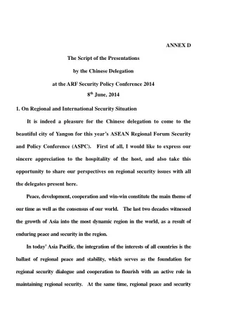 ANNEX D  The Script of the Presentations  by the Chinese Delegation  at the ARF Security Policy