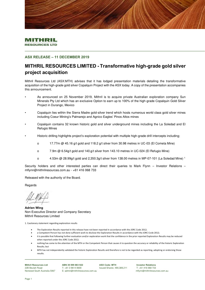 mithril resources limited transformative high grade gold