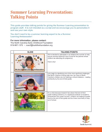 Summer Learning Presentation:  Talking Points  This guide provides talking points for giving the