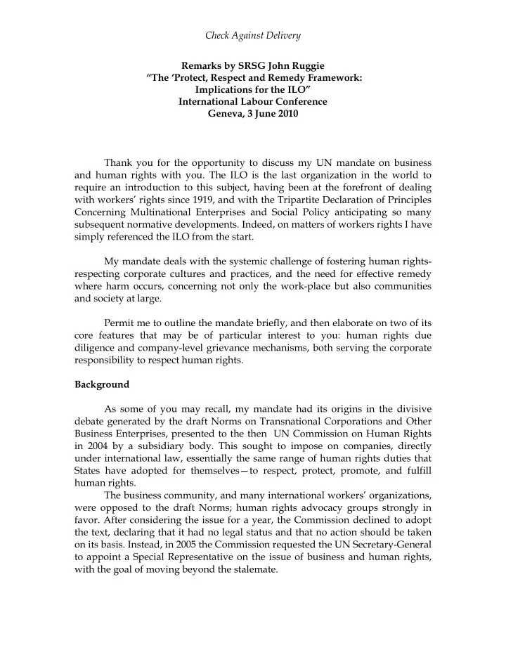 check against delivery remarks by srsg john ruggie the