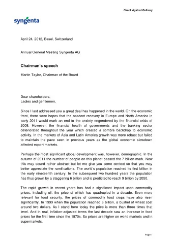 Chairmans speech  Martin Taylor, Chairman of the Board  Dear shareholders,  Ladies and