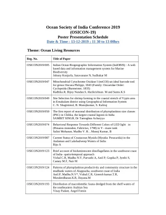 Ocean Society of India Conference 2019  (OSICON-19)  Poster Presentation Schedule  Date &amp; Time