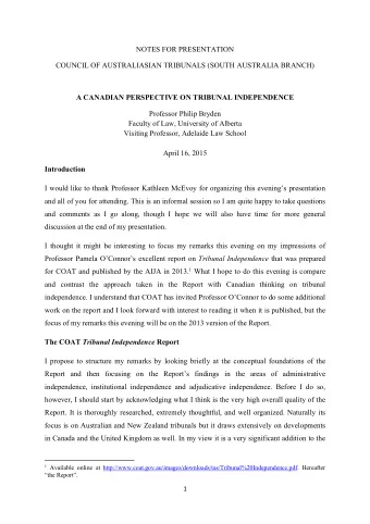 NOTES FOR PRESENTATION  COUNCIL OF AUSTRALIASIAN TRIBUNALS (SOUTH AUSTRALIA BRANCH)  A CANADIAN