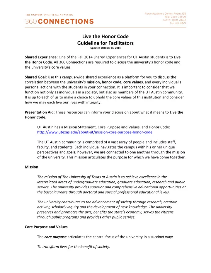 live the honor code guideline for facilitators