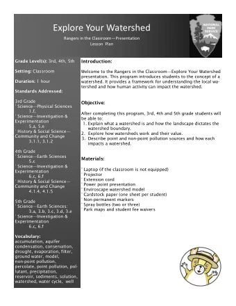 Explore Your Watershed Rangers in the Classroom  Presentation  Lesson  Plan Grade Level(s): 3rd,