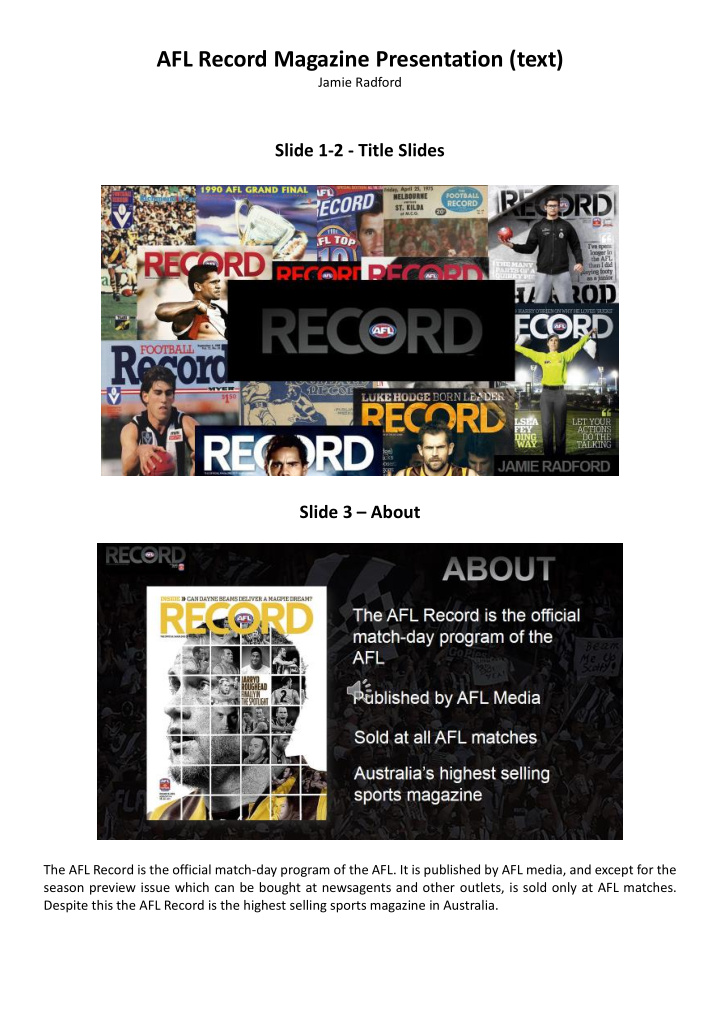 afl record magazine presentation text