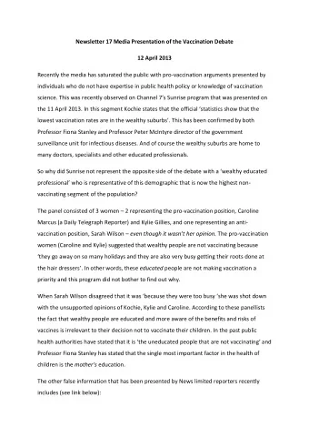 Newsletter 17 Media Presentation of the Vaccination Debate  12 April 2013  Recently the media has