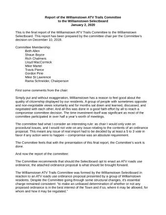 Report of the Williamstown ATV Trails Committee  to the Williamstown Selectboard  January 2, 2020