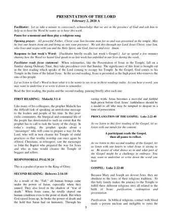 PRESENTATION OF THE LORD  February 2, 2020 A Facilitator: Let us take a minute to consciously