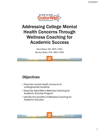 Academic Success  Alicia Baker, MA, MPH, CHES  Monica Webb, PhD. MPH, CHES  Objectives  Describe