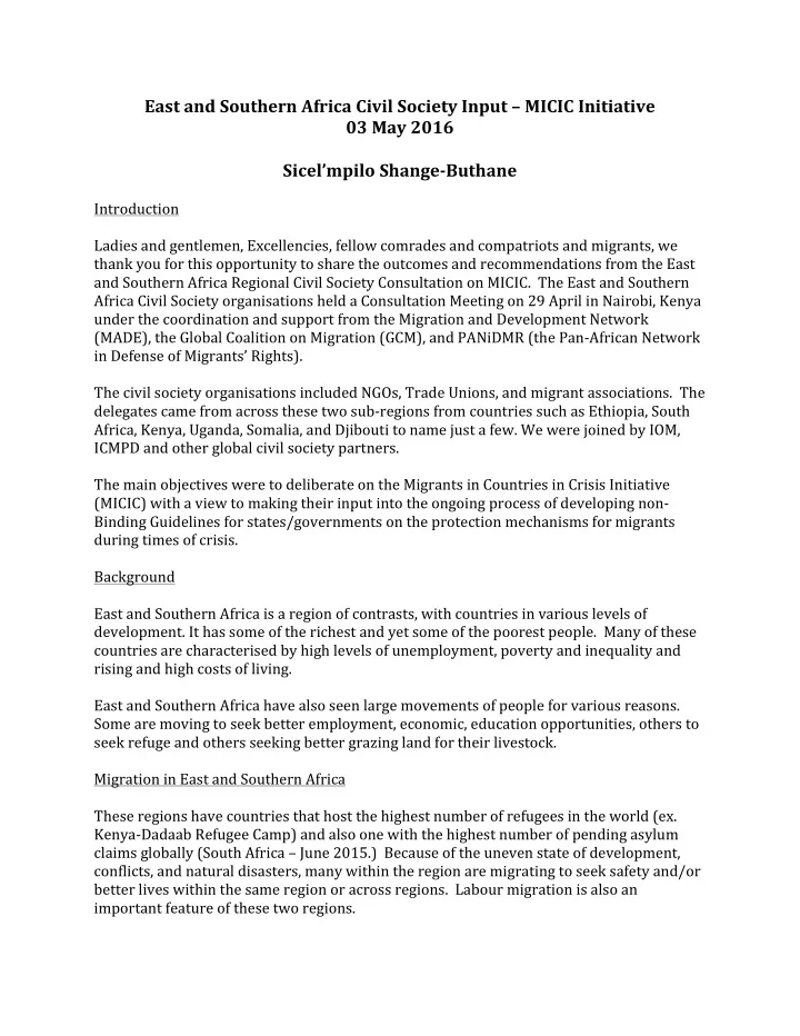 east and southern africa civil society input micic