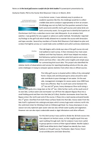 Notes on Is the local golf course a useful site for bird studies? A powerpoint presentation by