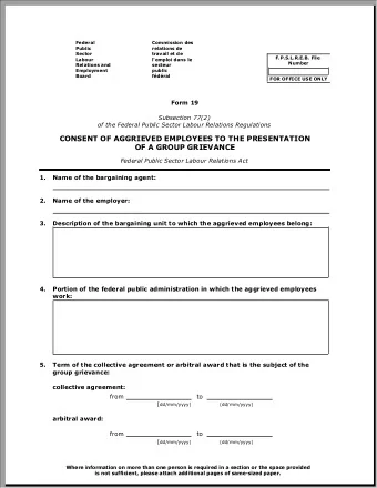 CONSENT OF AGGRIEVED EMPLOYEES TO THE PRESENTATION OF A GROUP GRIEVANCE Federal Public Sector