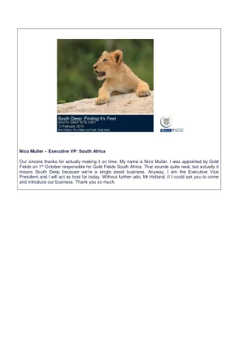 Nico Muller  Executive VP: South Africa  Our sincere thanks for actually making it on time. My