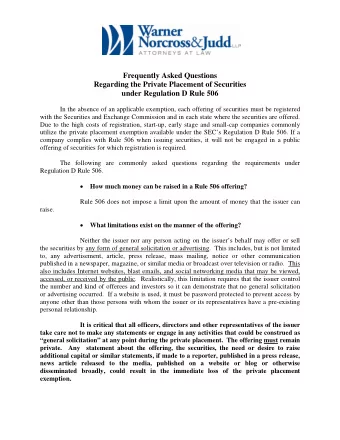Frequently Asked Questions  Regarding the Private Placement of Securities under Regulation D Rule