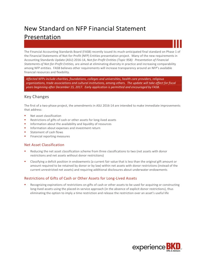 new standard on nfp financial statement presentation