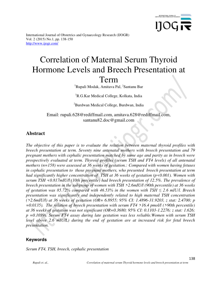 correlation of maternal serum thyroid hormone levels and