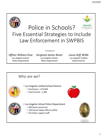 Police in Schools?  Five Essential Strategies to Include  Law Enforcement in SWPBIS  Presented by: