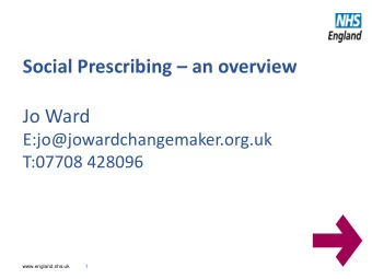 Social Prescribing  an overview  Jo Ward  E:jo@jowardchangemaker.org.uk  T:07708 428096