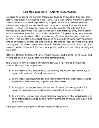100 Men Who Care  LMSPC Presentation  Im here to present the London Middlesex Suicide