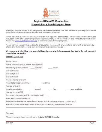 Regional HIV/AIDS Connection  Presentation &amp; Booth Request Form  Thank you for your interest in