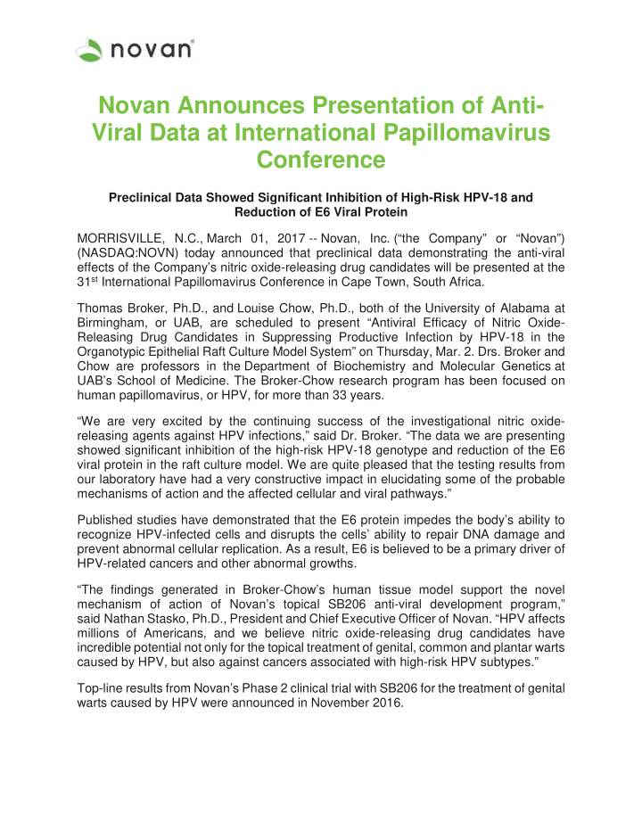 novan announces presentation of anti viral data at
