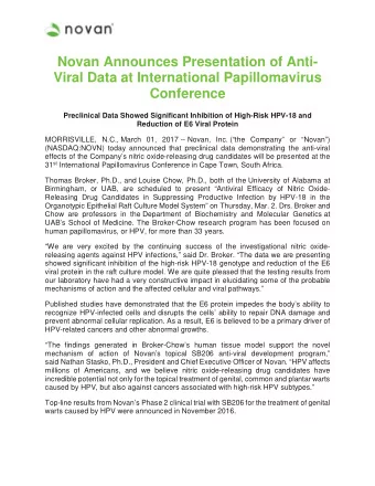 Novan Announces Presentation of Anti-  Viral Data at International Papillomavirus  Conference