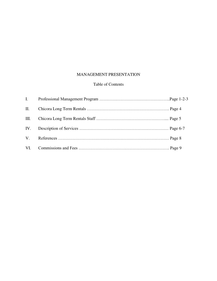 management presentation table of contents professional