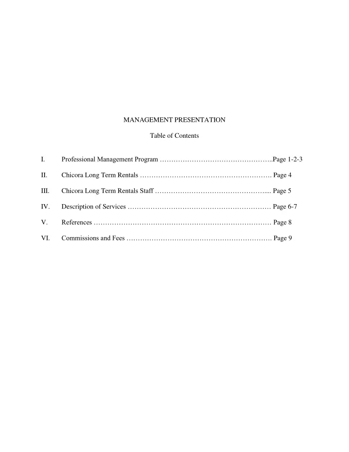 management presentation table of contents professional