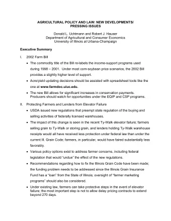 AGRICULTURAL POLICY AND LAW: NEW DEVELOPMENTS/ PRESSING ISSUES  Donald L. Uchtmann and Robert J.