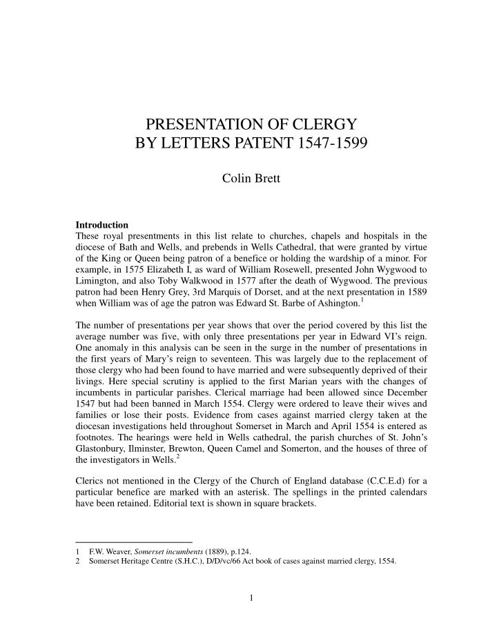 presentation of clergy by letters patent 1547 1599