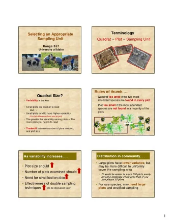 Terminology  Selecting an Appropriate  Sampling Unit  Quadrat = Plot = Sampling Unit  Range 357