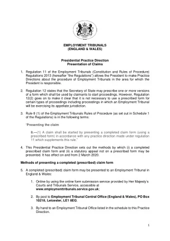 EMPLOYMENT TRIBUNALS  (ENGLAND &amp; WALES) Presidential Practice Direction  Presentation of Claims