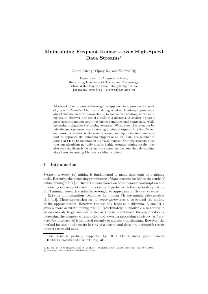 maintaining frequent itemsets over high speed