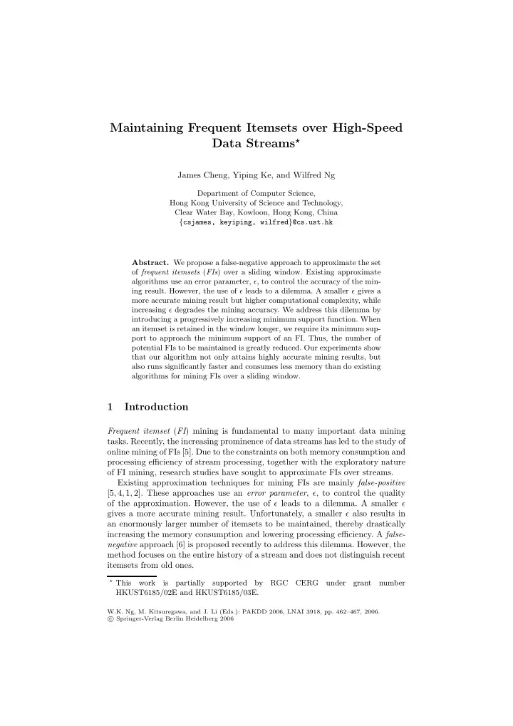 maintaining frequent itemsets over high speed