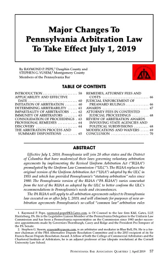 Major Changes To  Pennsylvania Arbitration Law  To Take Effect July 1, 2019 By RAYMOND P. PEPE, 1